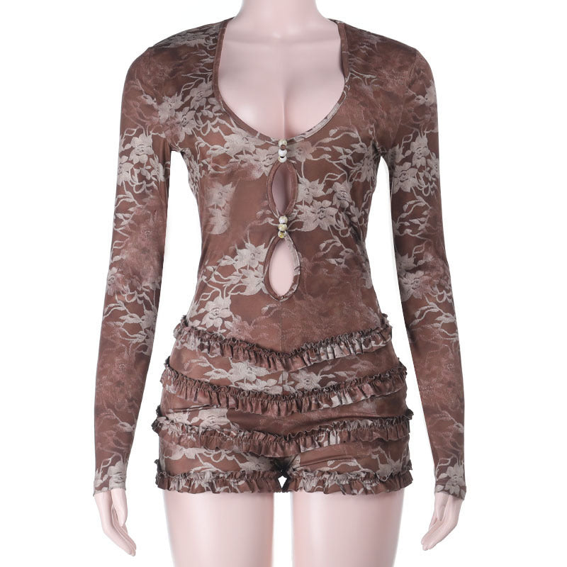 Autumn Romance Long Sleeve Romper - Chic Floral Lace with Pearl Keyhole & Ruffle Shorts
