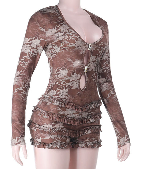 Autumn Romance Long Sleeve Romper - Chic Floral Lace with Pearl Keyhole & Ruffle Shorts