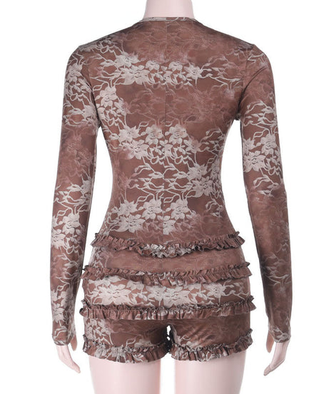 Autumn Romance Long Sleeve Romper - Chic Floral Lace with Pearl Keyhole & Ruffle Shorts