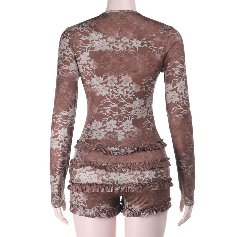 Autumn Romance Long Sleeve Romper - Chic Floral Lace with Pearl Keyhole & Ruffle Shorts
