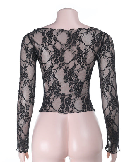 Sultry Black Lace Long Sleeve Top | Sheer Chic for Fall Nights & Holiday Parties