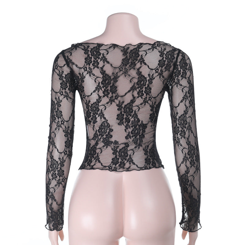 Sultry Black Lace Long Sleeve Top | Sheer Chic for Fall Nights & Holiday Parties