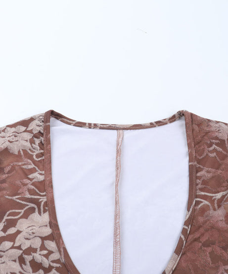 Autumn Romance Long Sleeve Romper - Chic Floral Lace with Pearl Keyhole & Ruffle Shorts