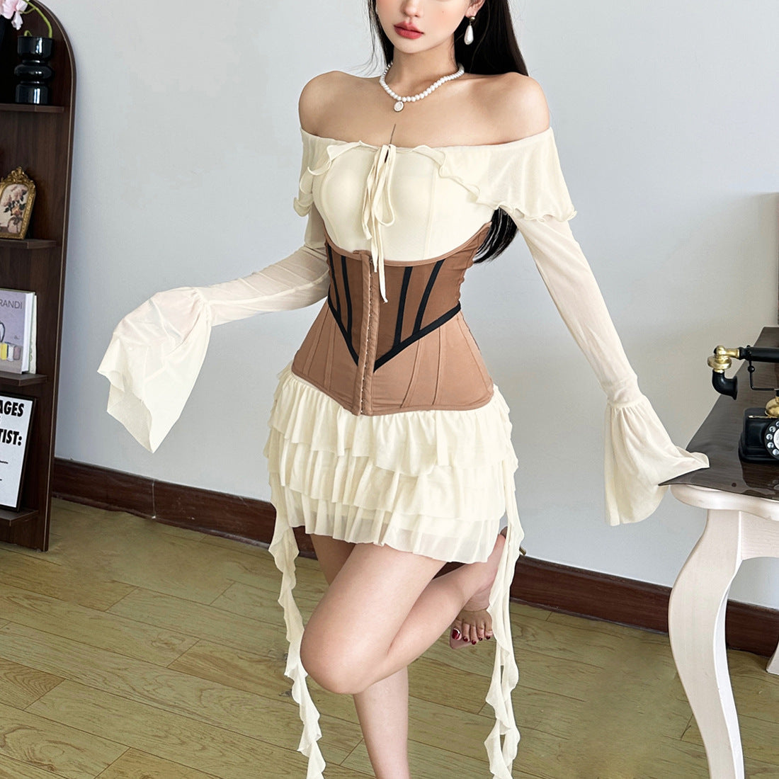 Enchanting Off-Shoulder Corset Ruffle Mini Dress - Whimsical Fall Party & Halloween Style