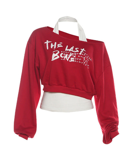 The 'Last Bone' Edgy Halter Off-Shoulder Crop Sweatshirt – Red Fall Fashion Top