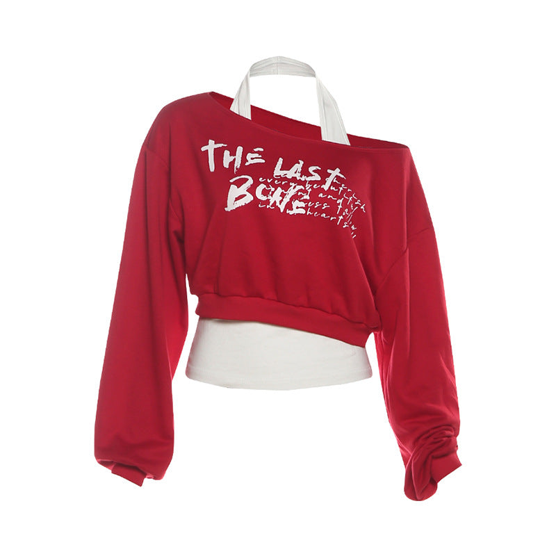The 'Last Bone' Edgy Halter Off-Shoulder Crop Sweatshirt – Red Fall Fashion Top