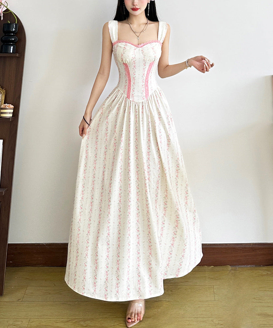 Enchanted Bloom Corset Bodice Maxi Dress - Romantic Pink Floral for Fall Gatherings