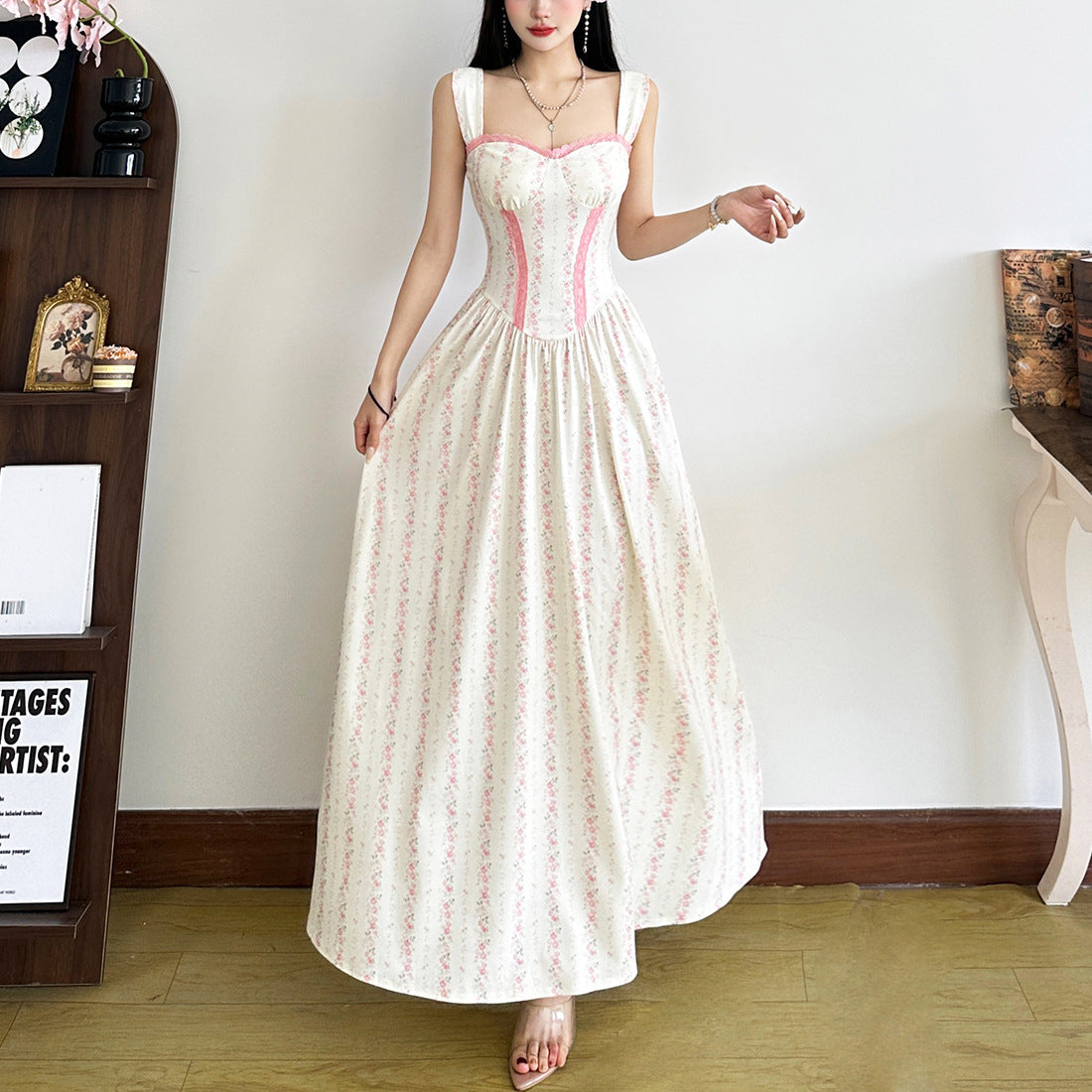 Enchanted Bloom Corset Bodice Maxi Dress - Romantic Pink Floral for Fall Gatherings