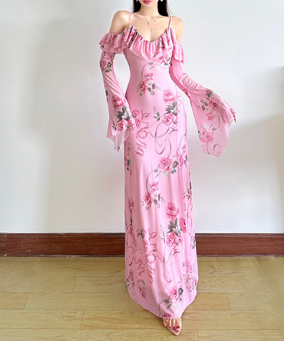 Romantic Pink Rose Floral Off-Shoulder Maxi Dress with Ethereal Bell Sleeves | Resort Ready & Special Occasion Perfect