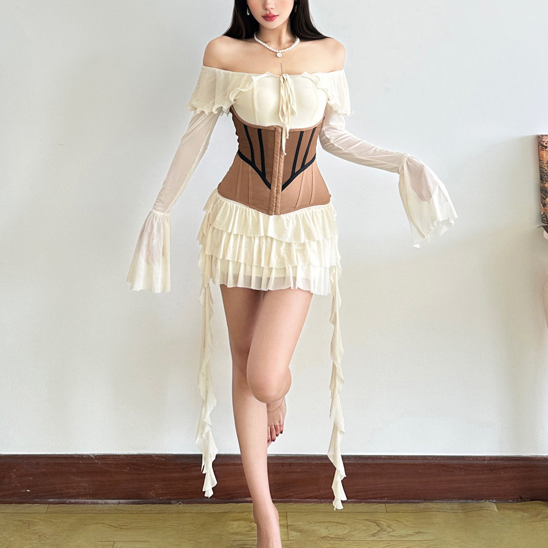 Enchanting Off-Shoulder Corset Ruffle Mini Dress - Whimsical Fall Party & Halloween Style
