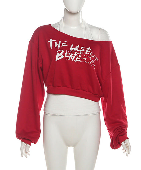 The 'Last Bone' Edgy Halter Off-Shoulder Crop Sweatshirt – Red Fall Fashion Top