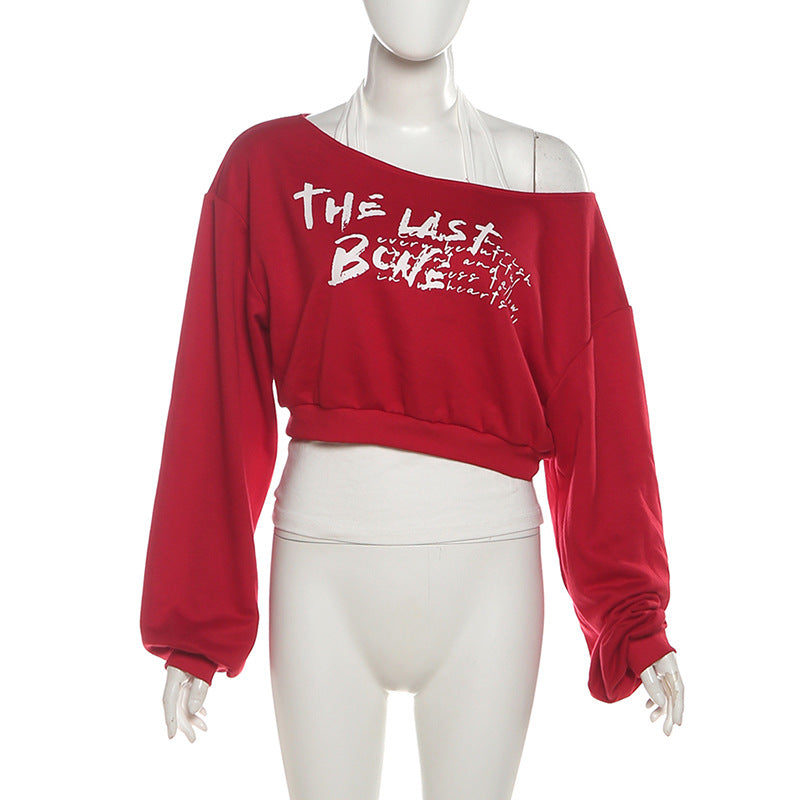 The 'Last Bone' Edgy Halter Off-Shoulder Crop Sweatshirt – Red Fall Fashion Top