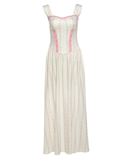 Enchanted Bloom Corset Bodice Maxi Dress - Romantic Pink Floral for Fall Gatherings