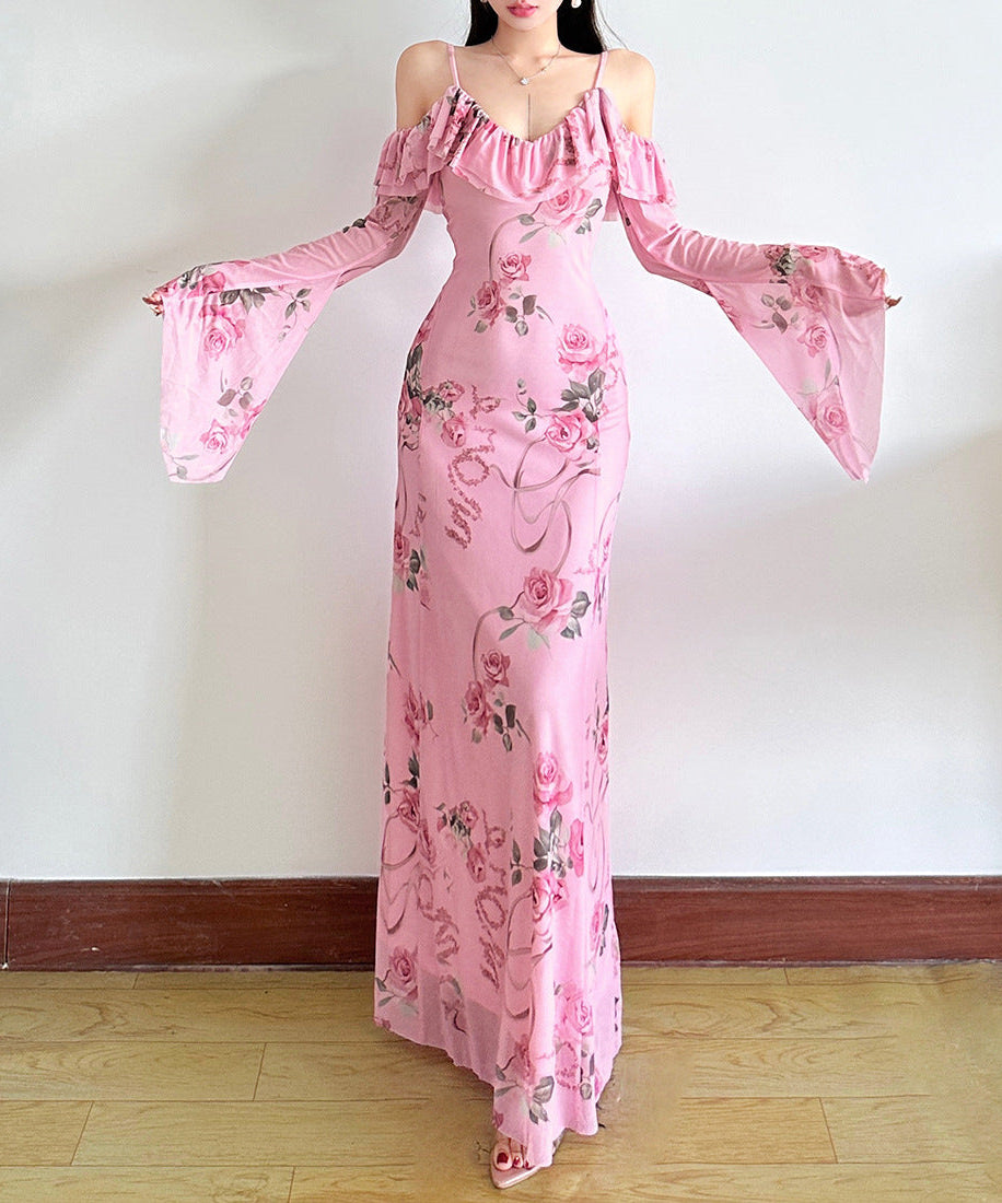 Romantic Pink Rose Floral Off-Shoulder Maxi Dress with Ethereal Bell Sleeves | Resort Ready & Special Occasion Perfect