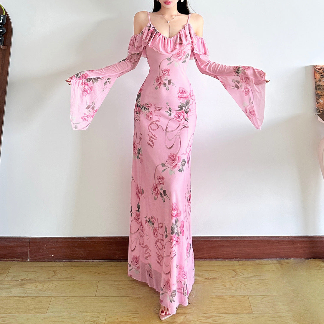 Romantic Pink Rose Floral Off-Shoulder Maxi Dress with Ethereal Bell Sleeves | Resort Ready & Special Occasion Perfect