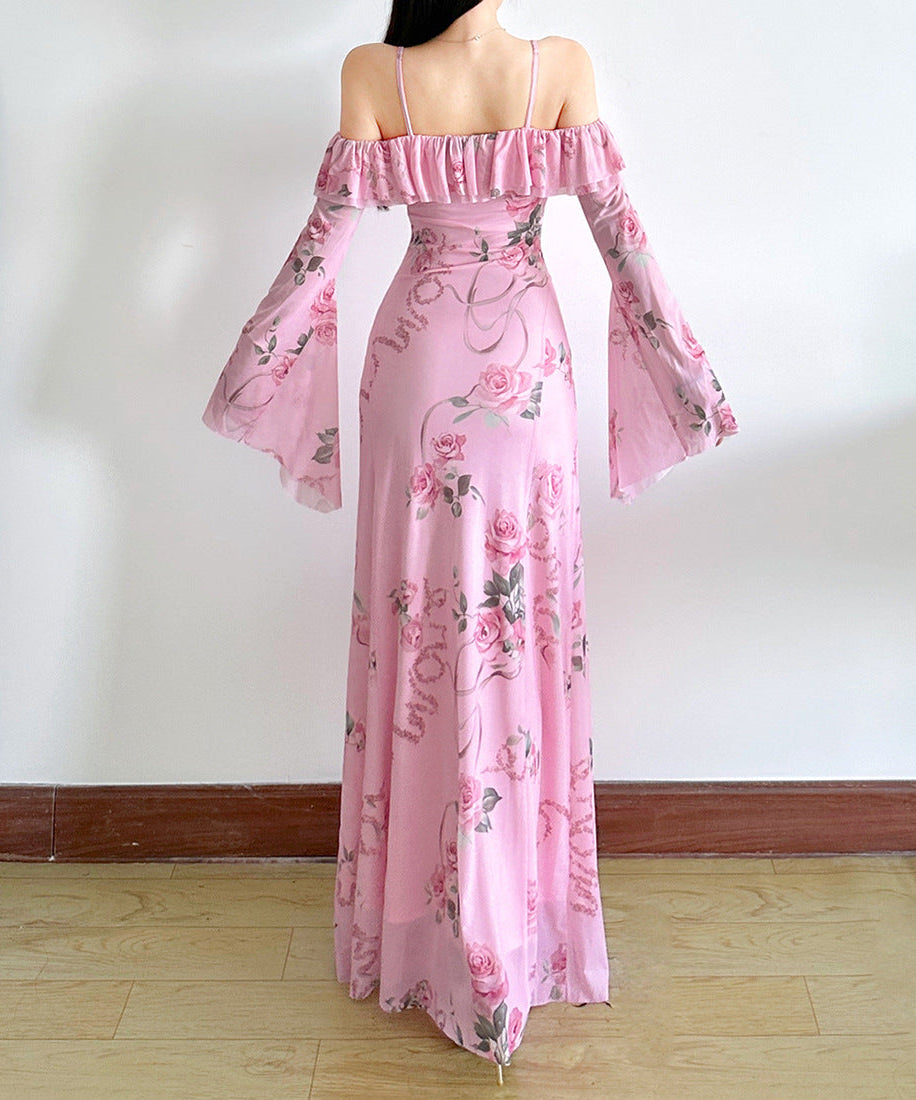 Romantic Pink Rose Floral Off-Shoulder Maxi Dress with Ethereal Bell Sleeves | Resort Ready & Special Occasion Perfect