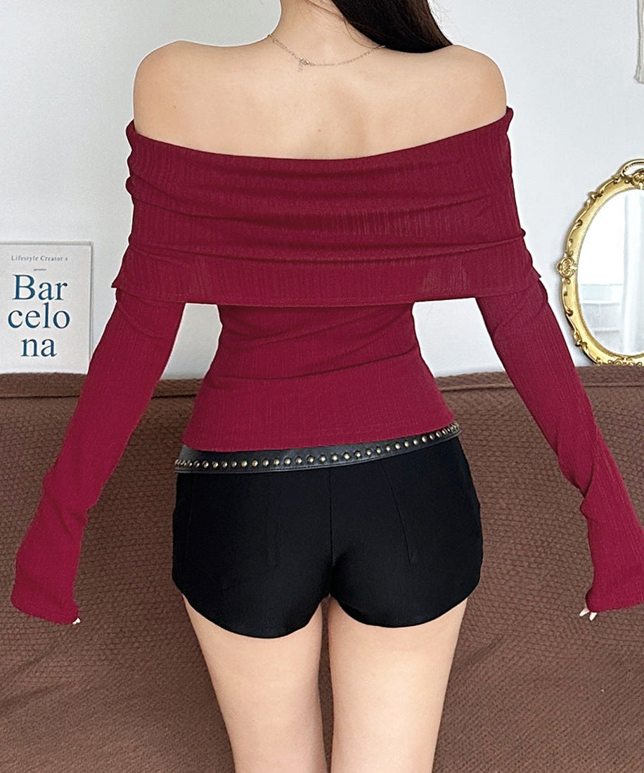 Fall Bloom Off-Shoulder Ribbed Knit Top | Chic Burgundy Floral Long Sleeve Blouse