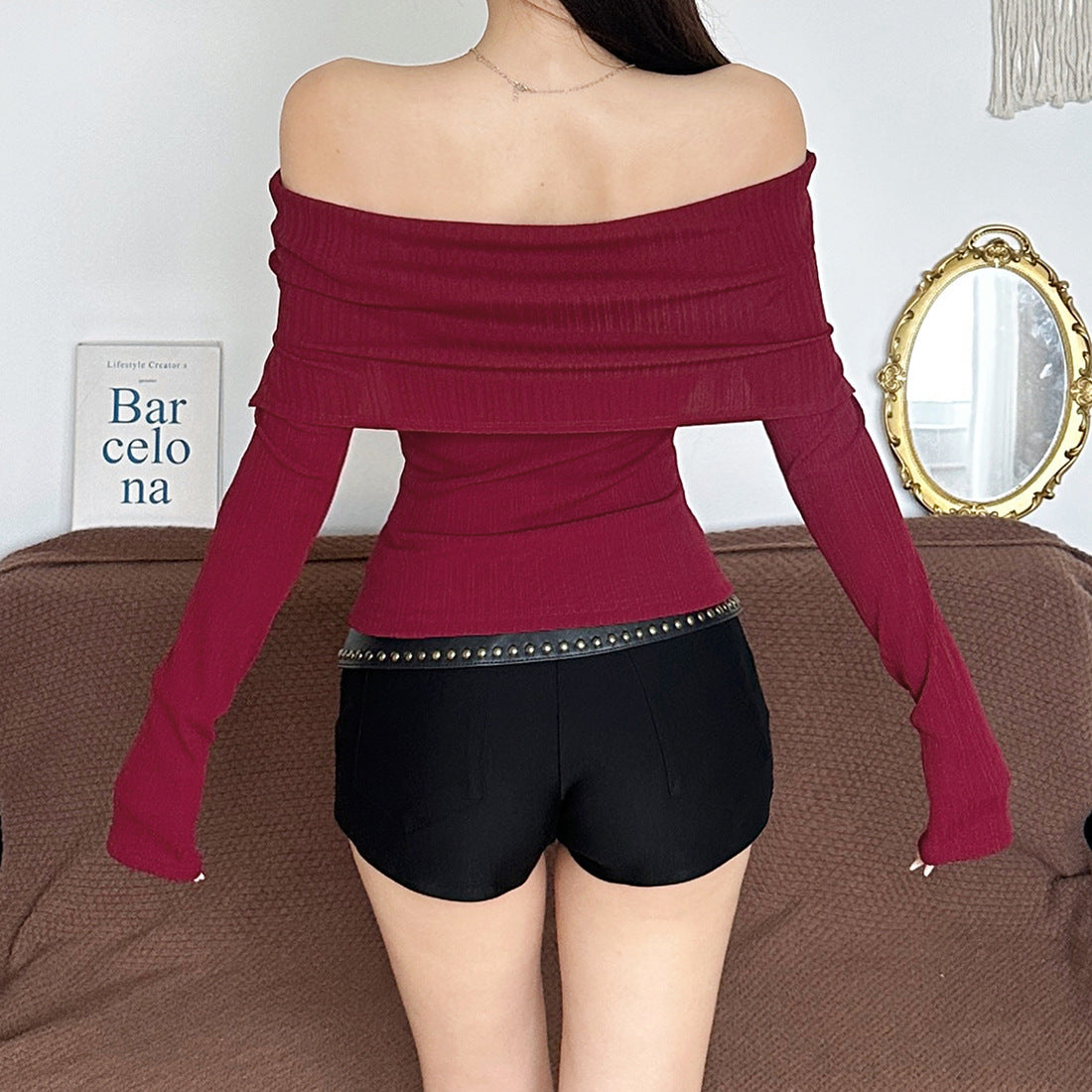 Fall Bloom Off-Shoulder Ribbed Knit Top | Chic Burgundy Floral Long Sleeve Blouse