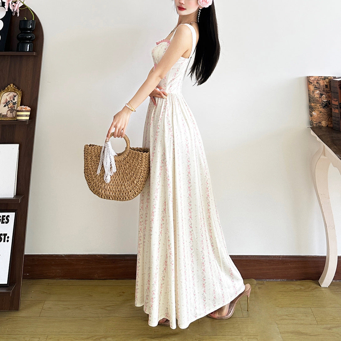 Enchanted Bloom Corset Bodice Maxi Dress - Romantic Pink Floral for Fall Gatherings