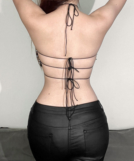 Edgy Spiked Faux Leather Cross Halter Top - Halloween Ready & Rave Approved