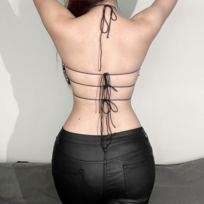 Edgy Spiked Faux Leather Cross Halter Top - Halloween Ready & Rave Approved