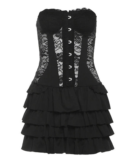 Gothic Lace Corset Ruffle Mini Dress - Strapless Sweetheart Halloween Party & Clubwear
