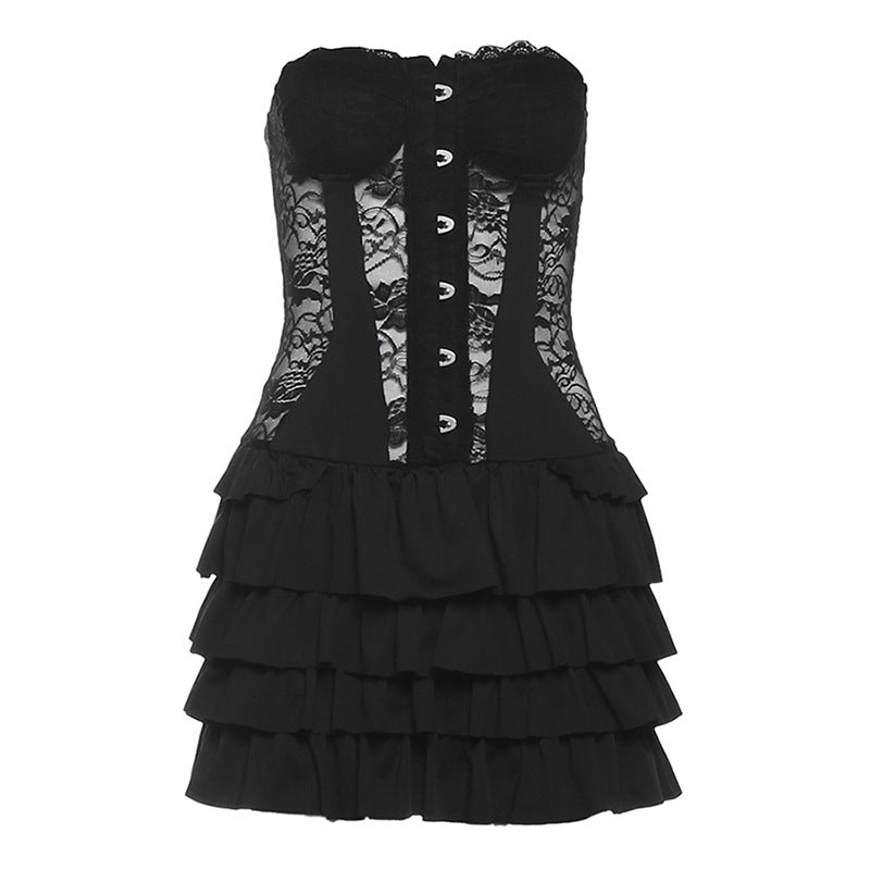 Gothic Lace Corset Ruffle Mini Dress - Strapless Sweetheart Halloween Party & Clubwear