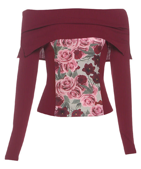 Fall Bloom Off-Shoulder Ribbed Knit Top | Chic Burgundy Floral Long Sleeve Blouse
