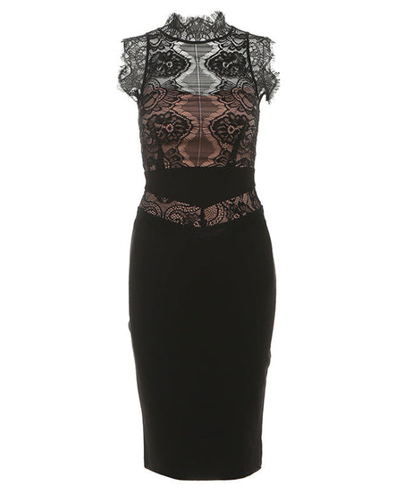 Alluring Black Lace Illusion Midi Dress - Your Go-To for Fall & Holiday Parties