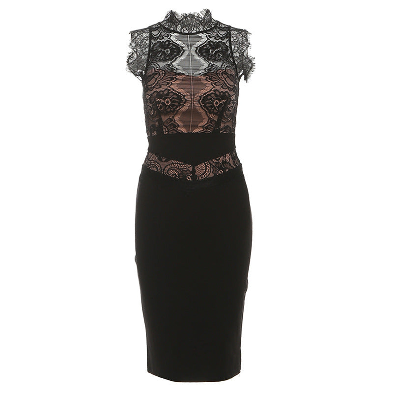Alluring Black Lace Illusion Midi Dress - Your Go-To for Fall & Holiday Parties