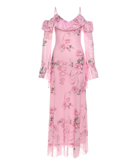 Romantic Pink Rose Floral Off-Shoulder Maxi Dress with Ethereal Bell Sleeves | Resort Ready & Special Occasion Perfect
