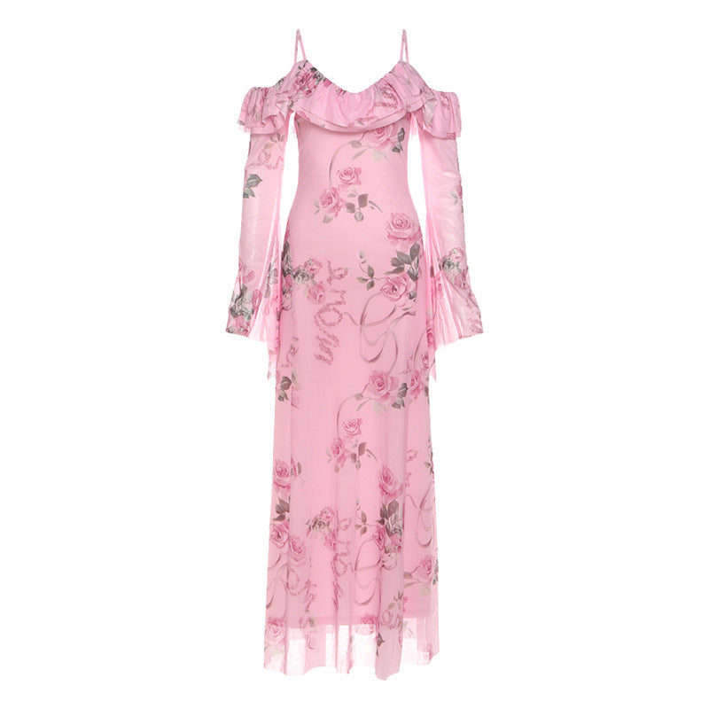 Romantic Pink Rose Floral Off-Shoulder Maxi Dress with Ethereal Bell Sleeves | Resort Ready & Special Occasion Perfect