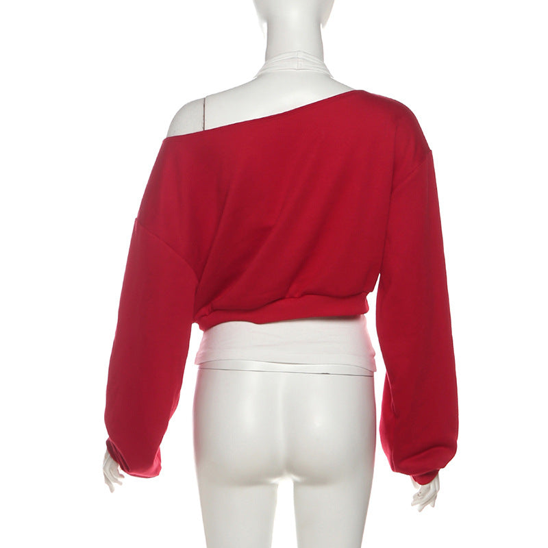 The 'Last Bone' Edgy Halter Off-Shoulder Crop Sweatshirt – Red Fall Fashion Top