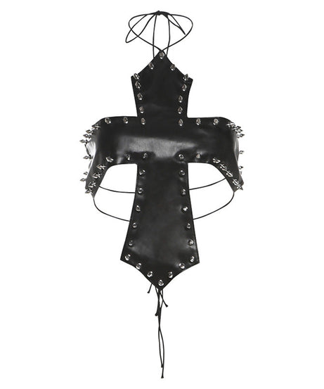 Edgy Spiked Faux Leather Cross Halter Top - Halloween Ready & Rave Approved