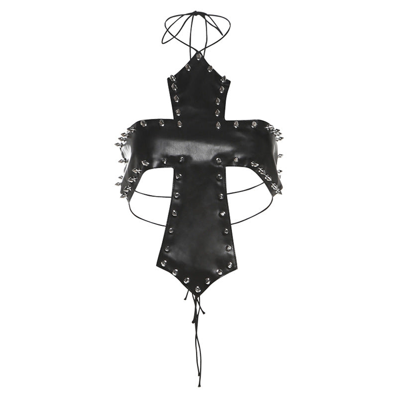 Edgy Spiked Faux Leather Cross Halter Top - Halloween Ready & Rave Approved