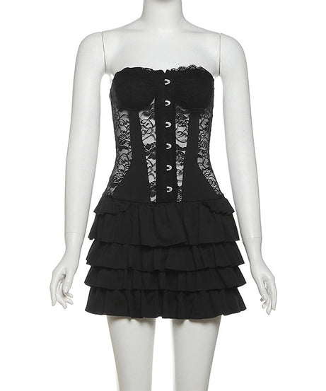 Gothic Lace Corset Ruffle Mini Dress - Strapless Sweetheart Halloween Party & Clubwear