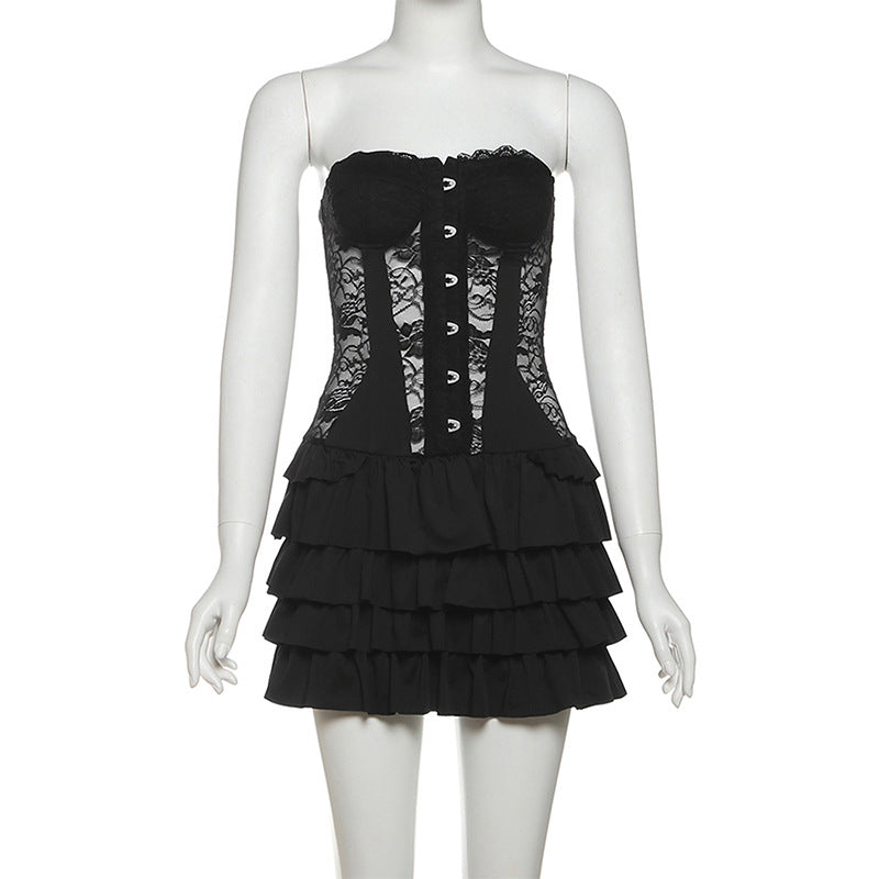 Gothic Lace Corset Ruffle Mini Dress - Strapless Sweetheart Halloween Party & Clubwear