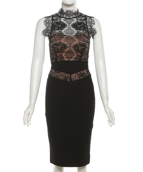 Alluring Black Lace Illusion Midi Dress - Your Go-To for Fall & Holiday Parties