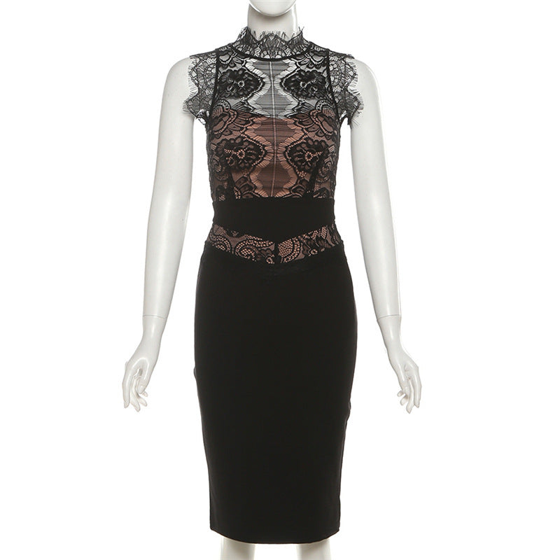 Alluring Black Lace Illusion Midi Dress - Your Go-To for Fall & Holiday Parties