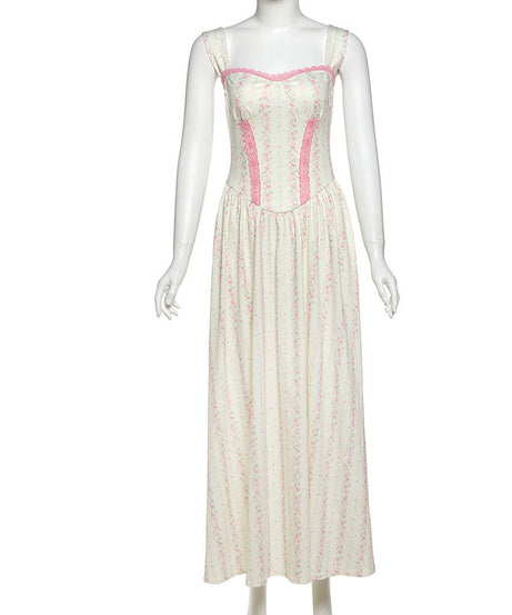 Enchanted Bloom Corset Bodice Maxi Dress - Romantic Pink Floral for Fall Gatherings