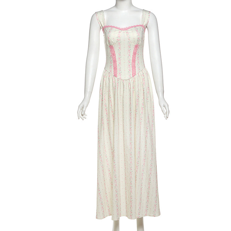 Enchanted Bloom Corset Bodice Maxi Dress - Romantic Pink Floral for Fall Gatherings