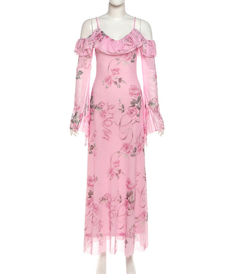 Romantic Pink Rose Floral Off-Shoulder Maxi Dress with Ethereal Bell Sleeves | Resort Ready & Special Occasion Perfect