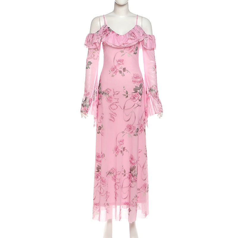 Romantic Pink Rose Floral Off-Shoulder Maxi Dress with Ethereal Bell Sleeves | Resort Ready & Special Occasion Perfect