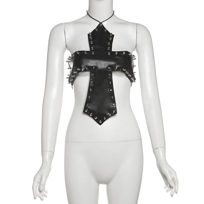 Edgy Spiked Faux Leather Cross Halter Top - Halloween Ready & Rave Approved