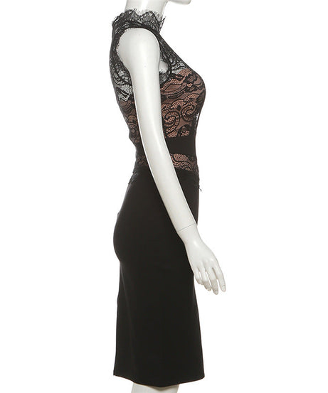 Alluring Black Lace Illusion Midi Dress - Your Go-To for Fall & Holiday Parties