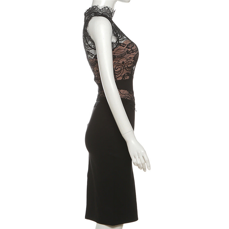 Alluring Black Lace Illusion Midi Dress - Your Go-To for Fall & Holiday Parties