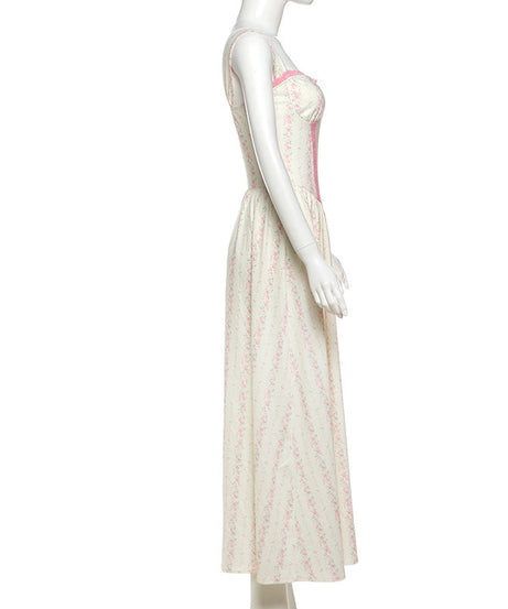 Enchanted Bloom Corset Bodice Maxi Dress - Romantic Pink Floral for Fall Gatherings