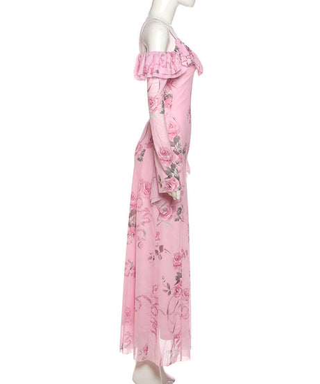 Romantic Pink Rose Floral Off-Shoulder Maxi Dress with Ethereal Bell Sleeves | Resort Ready & Special Occasion Perfect