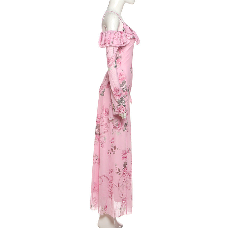 Romantic Pink Rose Floral Off-Shoulder Maxi Dress with Ethereal Bell Sleeves | Resort Ready & Special Occasion Perfect