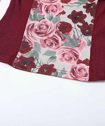 Fall Bloom Off-Shoulder Ribbed Knit Top | Chic Burgundy Floral Long Sleeve Blouse